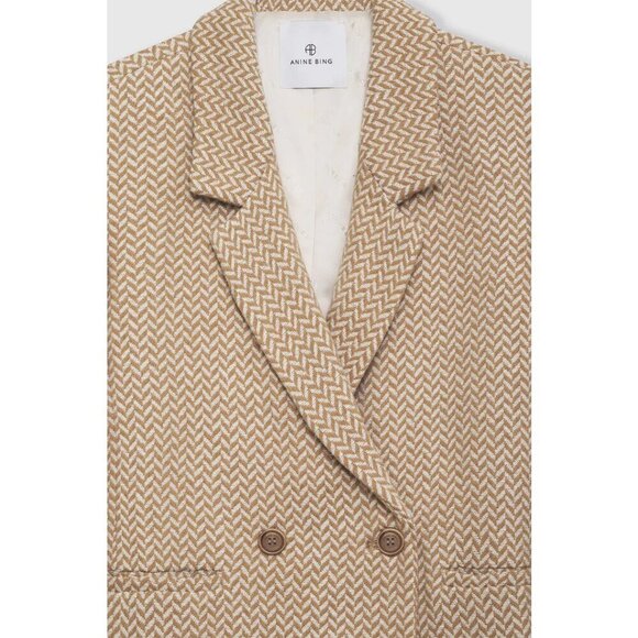💕ANINE BING💕 Tweed Double Breasted Fishbone Blazer ~ Tan & Cream XL - Picture 10 of 16